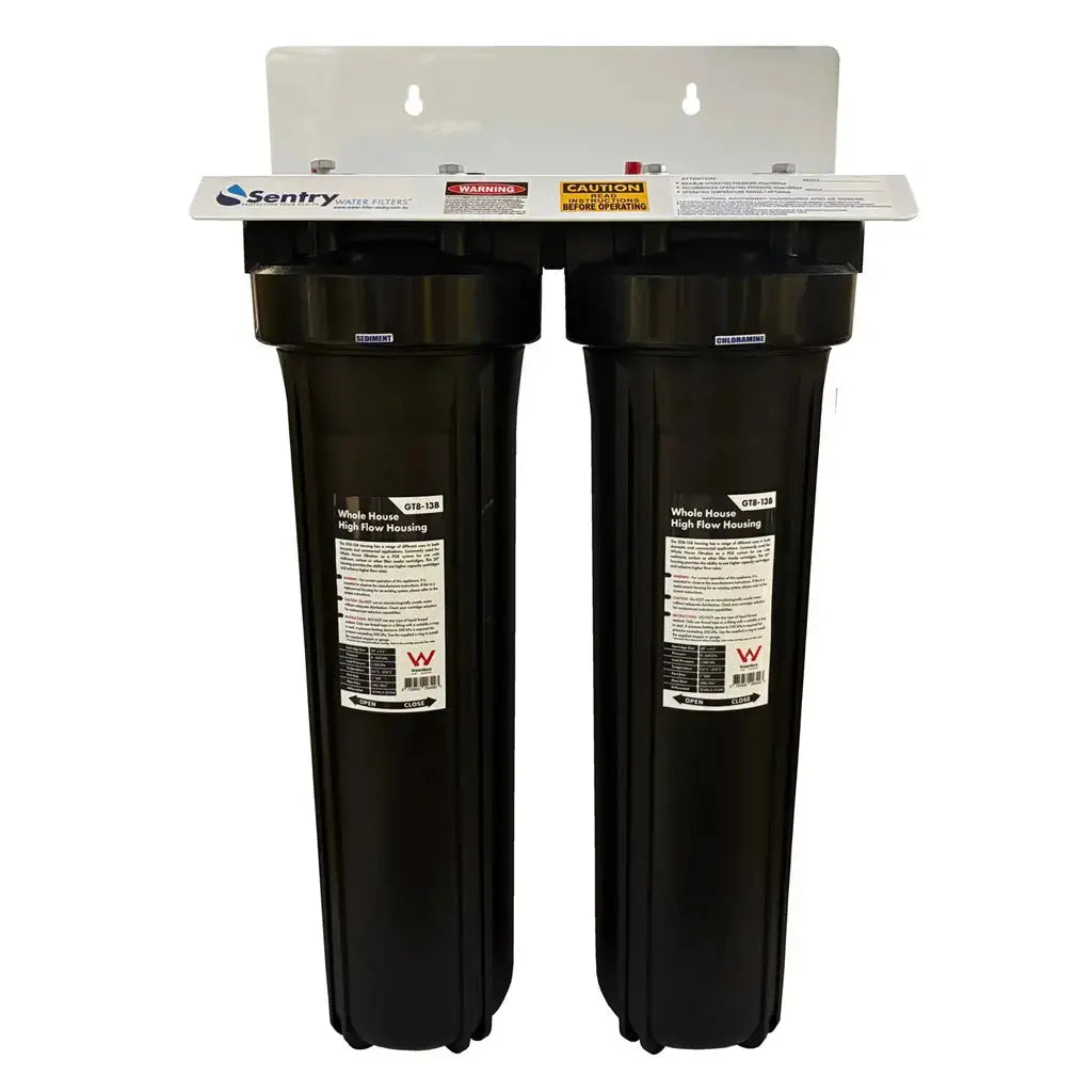 Sentry Water Filters Reverse Osmosis Big Blue twin whole house filtration system water marked double filter with dual white bracket