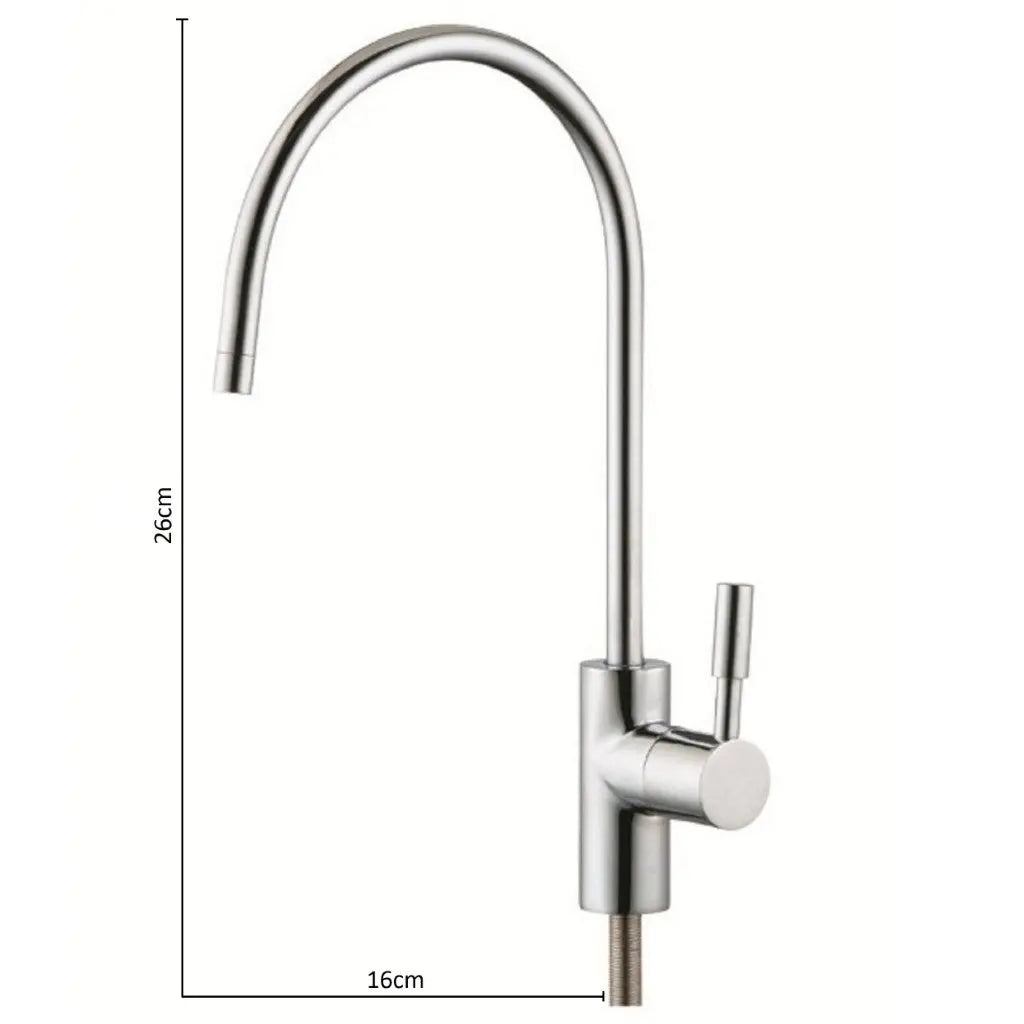 Faucent modern stainless style water filter RO system tap dimensions. 26cm height, 16cm width