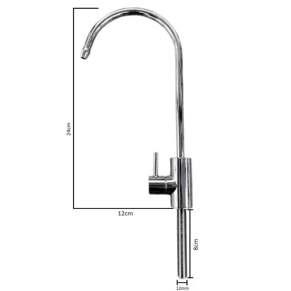Modern faucet water filter tap showing height of 24cm, reach of 12cm, shank length of 8cm and hole size of 12mm