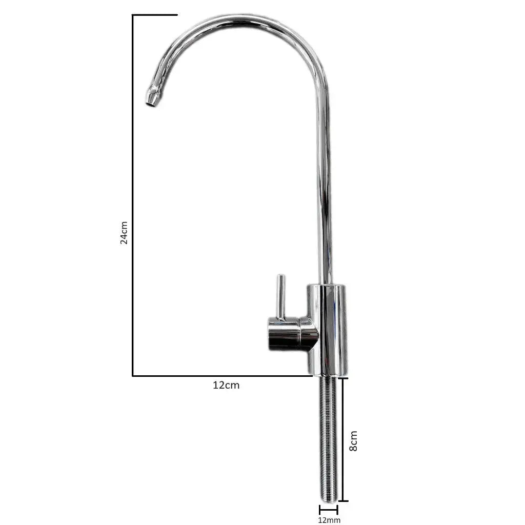 Faucet modern standard chrome water filter RO small drinking tap dimensions. 24cm height. 12cm width.