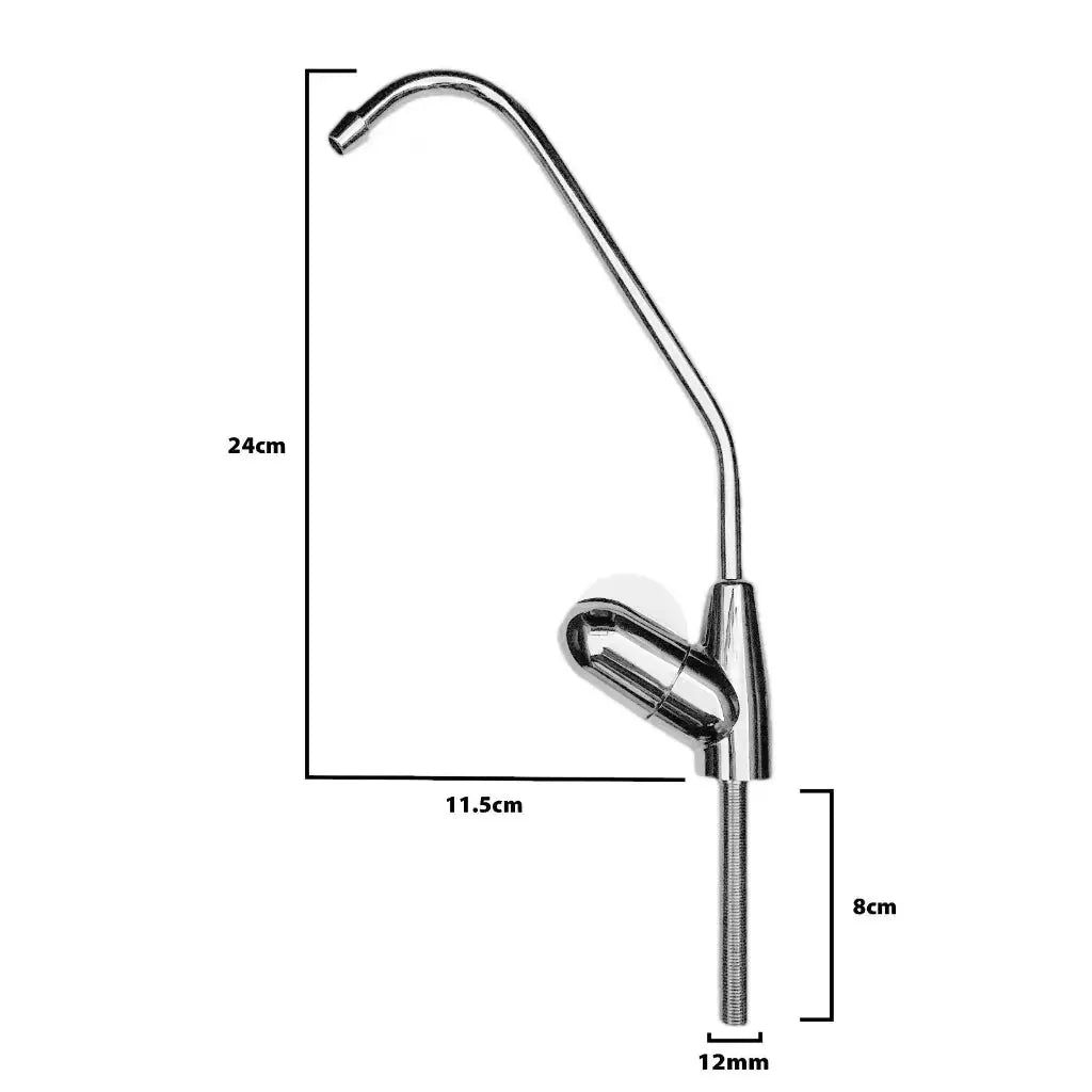 Single Fin drinking water filter tap showing height of 24cm, reach of 11.5cm, shank length of 8cm and hole size of 12mm
