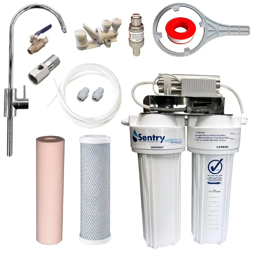 10"x2.5" LED UV system complete install kit with non watermark housings sediment filter and carbon block filter