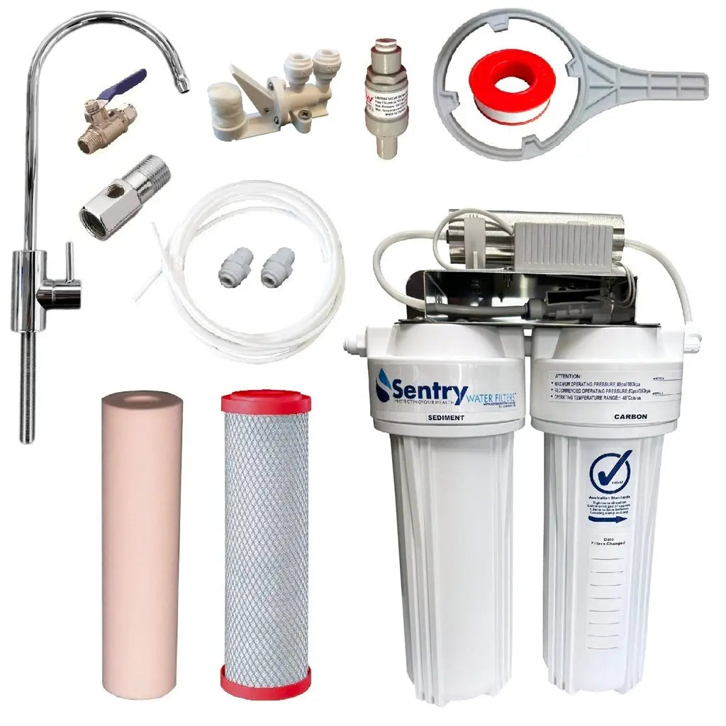 10"x2.5" LED UV system complete install kit with non watermark housings sediment filter and chloramines carbon block filter