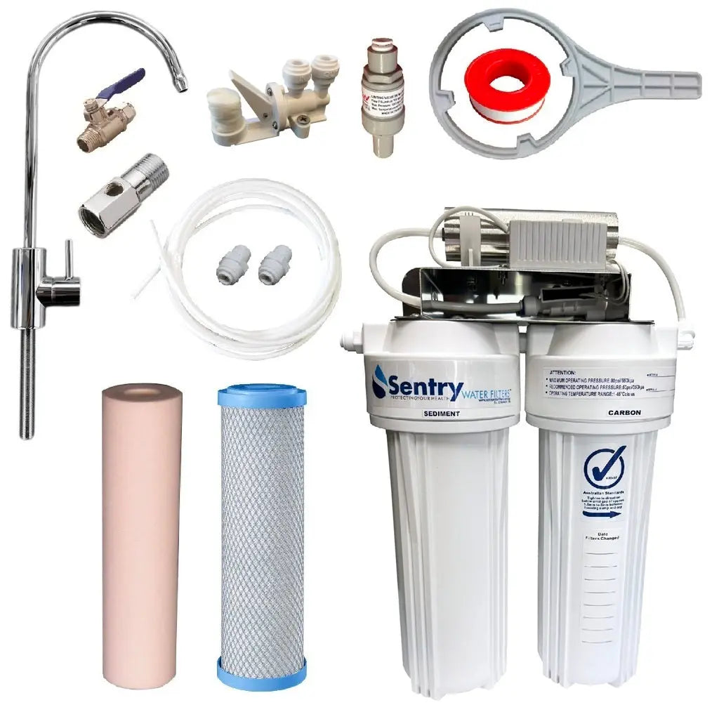 10"x2.5" LED UV system complete install kit with non watermark housings sediment filter and heavy metals reducing carbon block filter