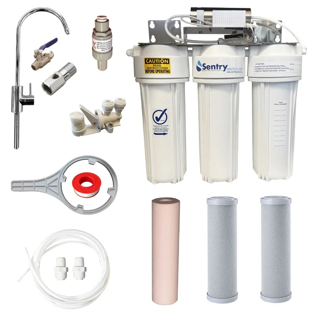 10"x2.5" Triple LED UV system complete install kit non watermark housings antibacterial tank water spun sediment,  and two silver infused carbon block filters