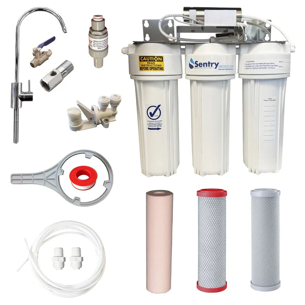 10"x2.5" Triple LED UV system complete install kit non watermark housings antibacterial tank water spun sediment,  chloramine fluoride reducing and silver infused carbon block filter