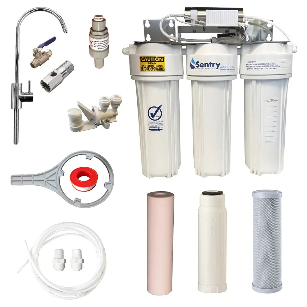 10"x2.5" Triple LED UV system complete install kit non watermark housings antibacterial tank water spun sediment, hollow fibre, and silver infused carbon block filter