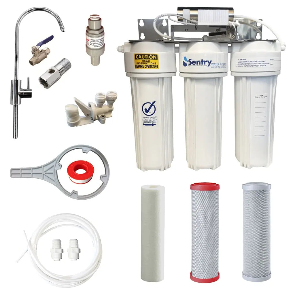 10"x2.5" Triple LED UV system complete install kit non watermark housings antibacterial tank water zinc infused sediment, chloramine fluoride reducing and silver infused carbon block filter