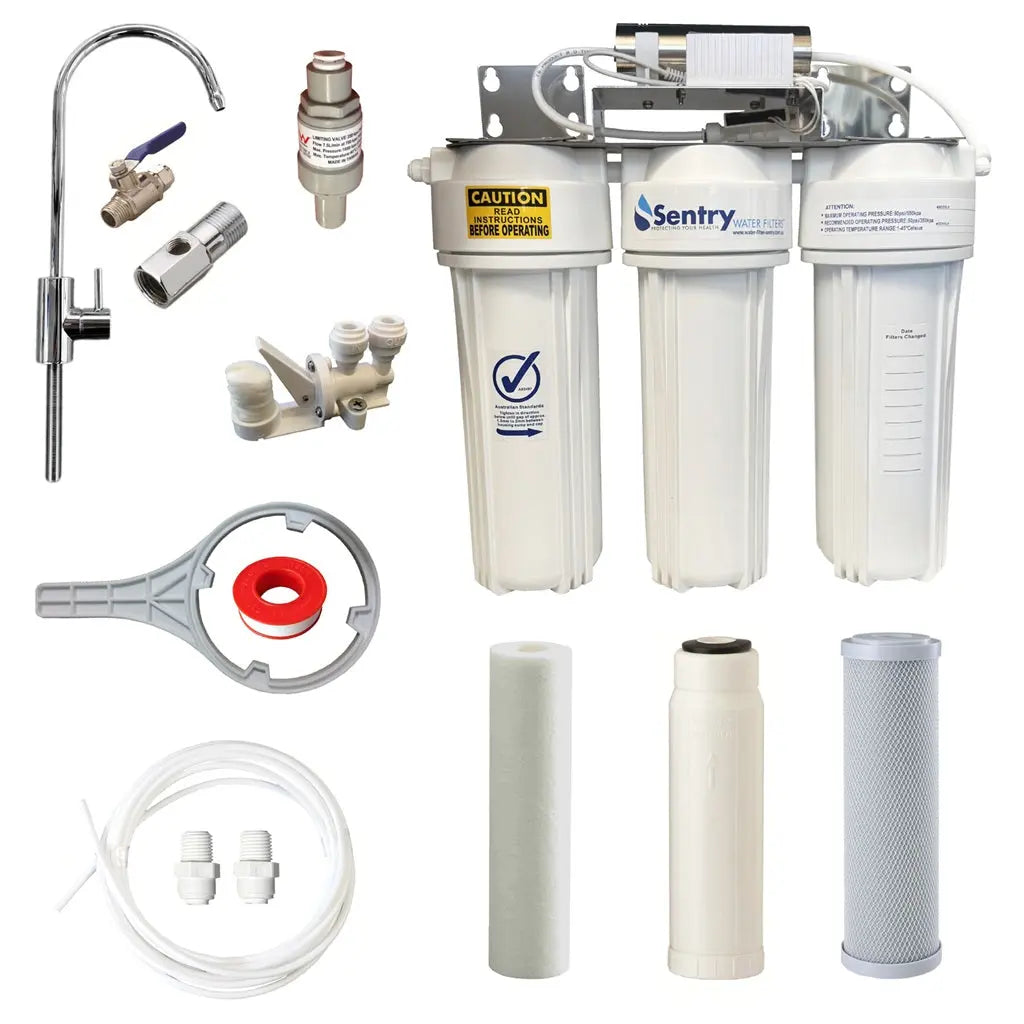 10"x2.5" Triple LED UV system complete install kit non watermark housings antibacterial tank water zinc infused sediment,  chollow fibre, and silver infused carbon block filter