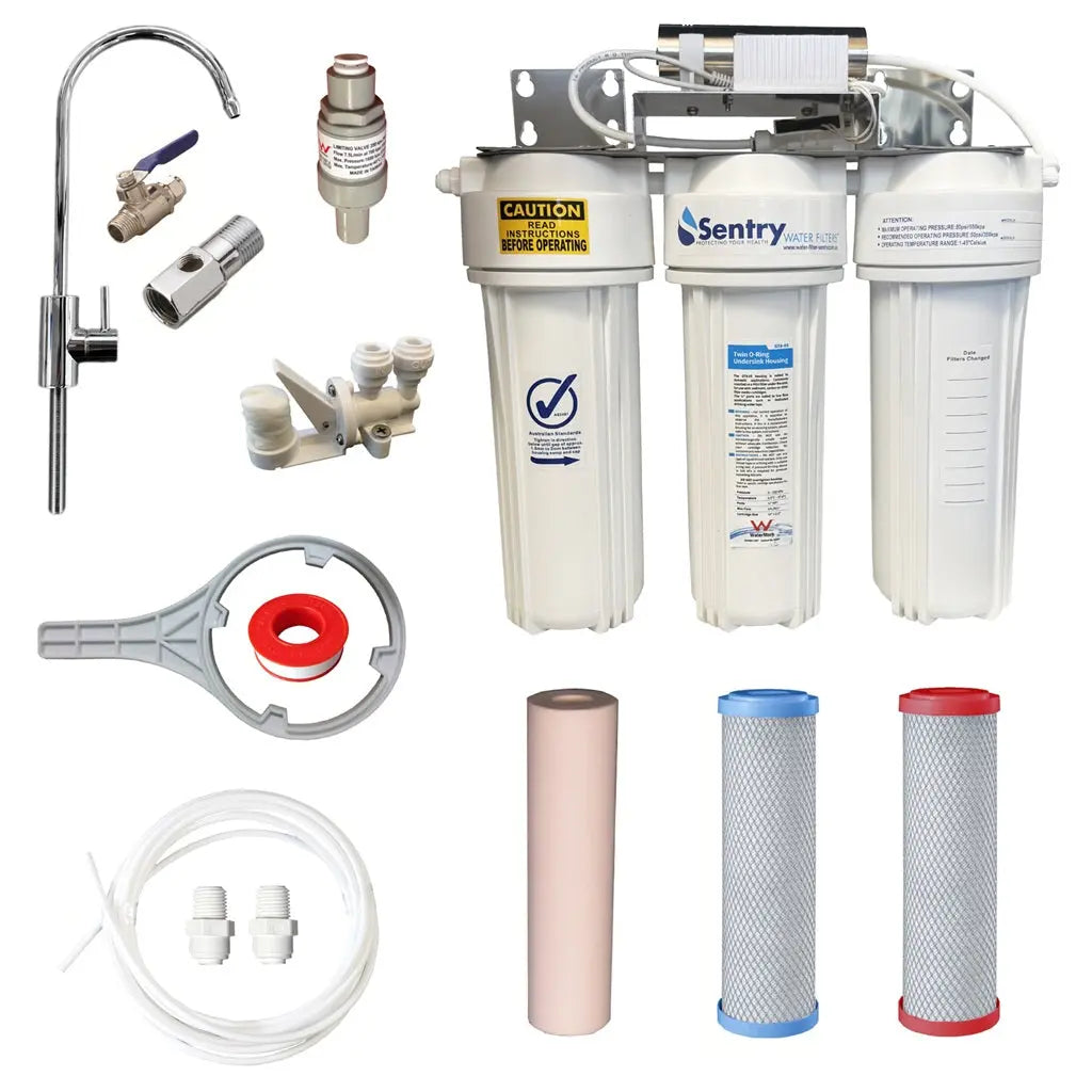 10"x2.5" Triple LED UV system complete install kit with watermark housings sediment, heavy metals reducing, and chloramine fluoride reducing carbon block filter