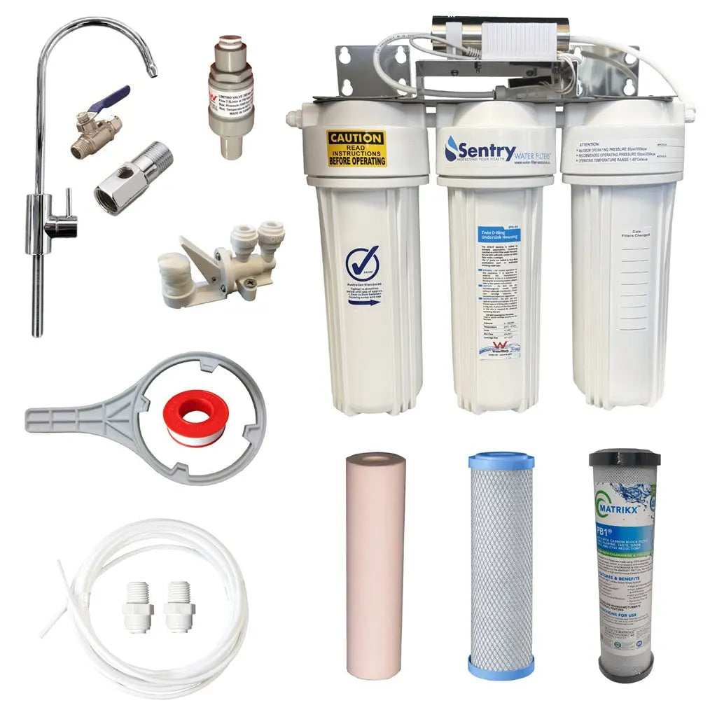 10"x2.5" Triple LED UV system complete install kit with watermark housings sediment, heavy metals reducing, and Matrikx PB1