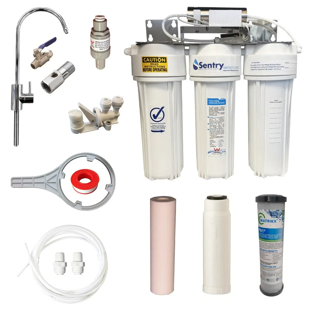 10"x2.5" Triple LED UV system complete install kit with watermark housings sediment, Hollow Fibre, and Matrikx PB1