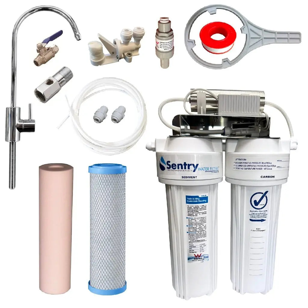 10"x2.5" LED UV system complete install kit with non watermark housings sediment filter and heavy metals reducing carbon block filter