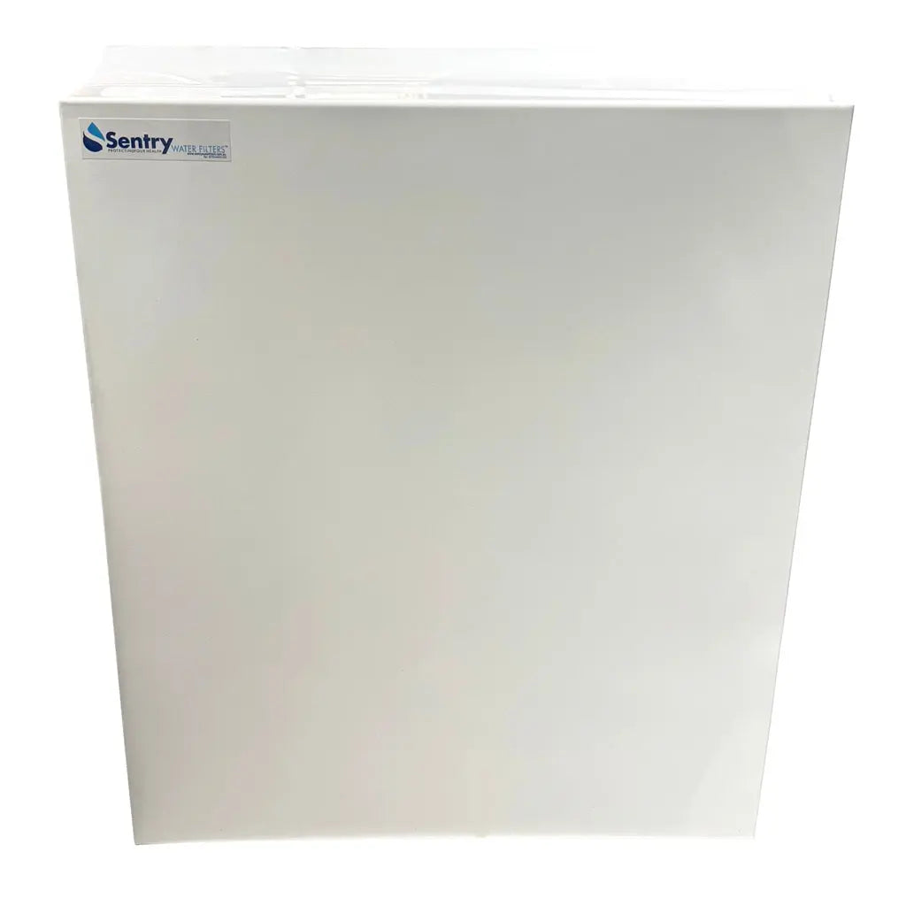 Big Blue Whole House Home Mains Water Filter System 20"X4.5" front view of triple Bb protective cover Sentry Water Filters