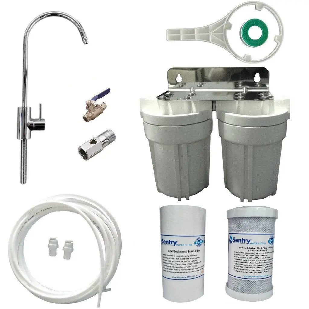 Caravan dual twin water filter modern faucet 1 micron sediment spun filter and  0.5 micron carbon block