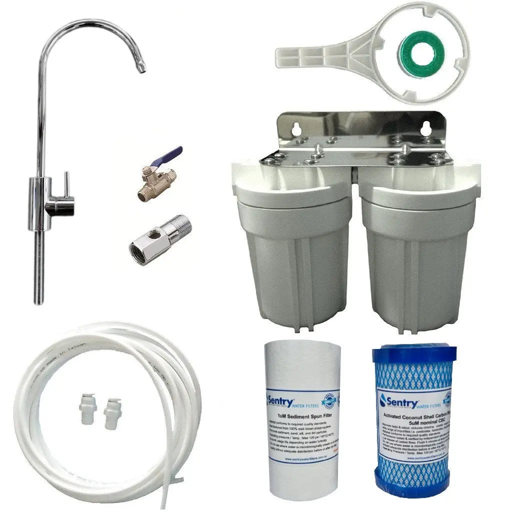 Caravan dual twin water filter modern faucet 1 micron sediment spun filter and  5 micron carbon block