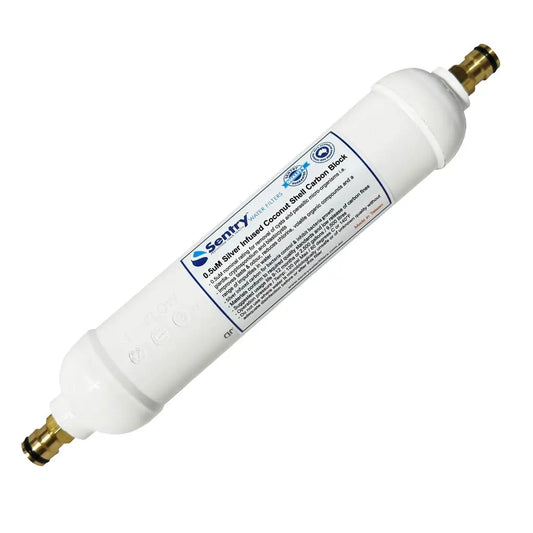 Inline filter 0.5uM silver infused coconut shell activated carbon block filter from Sentry Water Filters with brass hose clip option