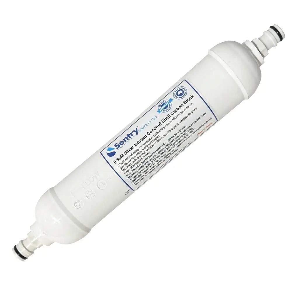 Inline filter 0.5uM silver infused coconut shell activated carbon block filter from Sentry Water Filters with plastic hose clip option