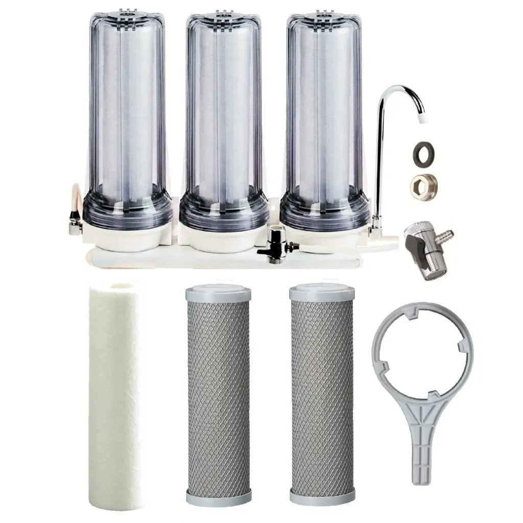 clear housing Triple countertop system for tank water zinc infused antibacterial sediment with two silver infused carbon block filters