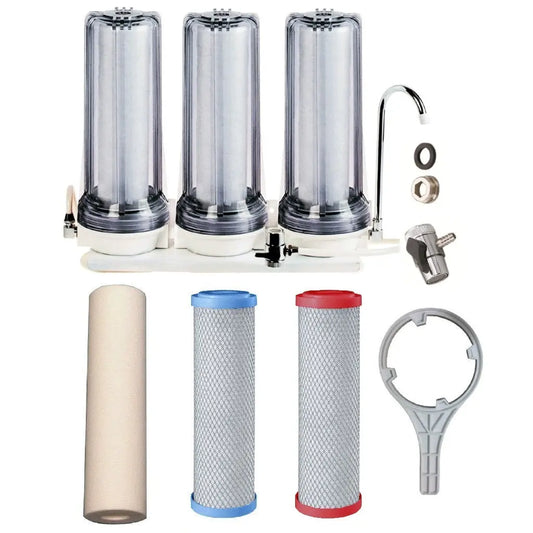 Sentry triple benchtop mains filtration system town water countertop 3 stage filter spun sediment, heavy metals, fluoride/chloramine