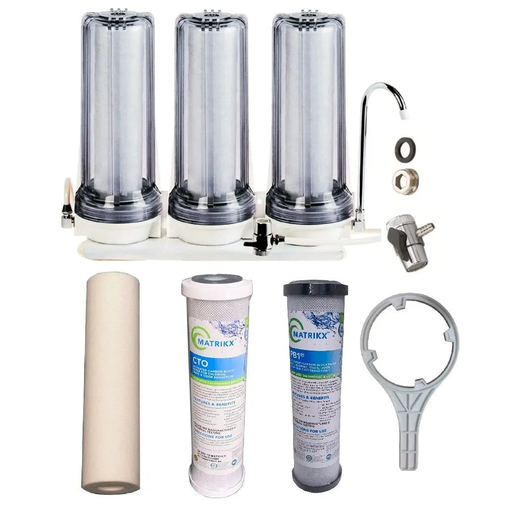 Sentry clear triple benchtop mains filtration system town water countertop 3 stage filter spun sediment, Matrikx 5uM CTO, Matrikx PB1