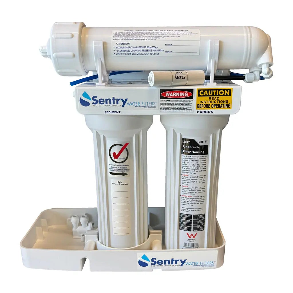 Leak Tray for Leak Detector Shut Off Device with twin dual housing filtration system and leak stop installed example image. Detects leaks. PRV RO Filter  Sentry Water Filters