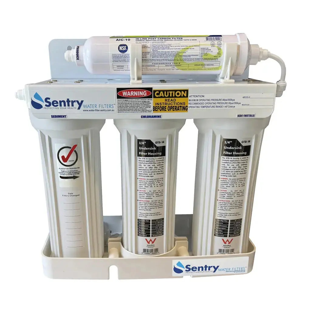 Leak Tray for Leak Detector Shut Off Device with triple housing filtration system seated leak stop installed example image. Detects leaks. PRV RO Filter  Sentry Water Filters