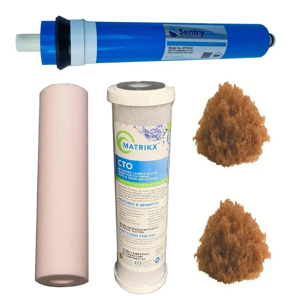 Sentry Water Filters Reverse osmosis filter PRO 4DJ high volume replacement filter pack with RO membrane and resin cartridge and two loose DI resin refills