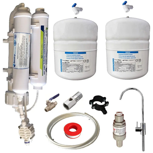 Sentry Water Filters ROI compact in-line filtration system complete installation kit image with x2 5L reverse osmosis pressurised water tanks