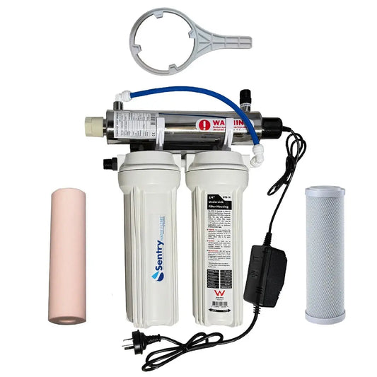 Sentry Water Filters direct flow 14w UV ultra violet tank water sterilising system with watermark housings complete with opening spanner and pre-filters