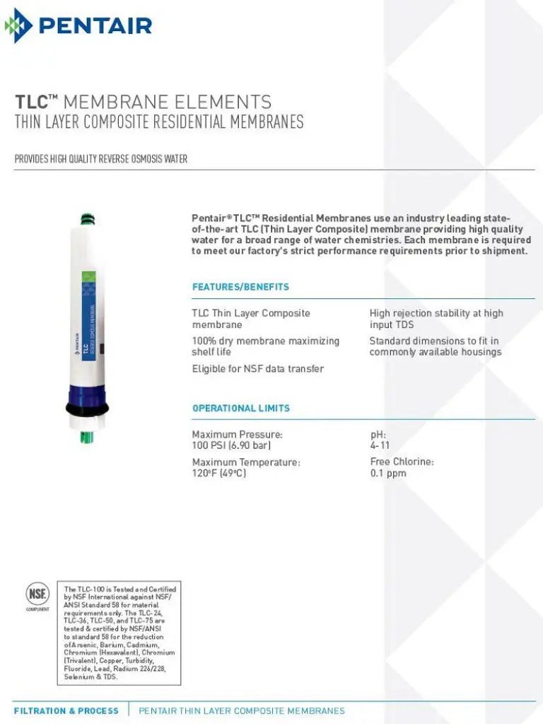 Pentek 100TLC membrane information sheet page 1