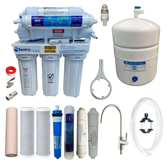 RON7 MAN 7 stage reverse osmosis alkalizing water filter system including all filters, tank, faucet and fitment accessories.