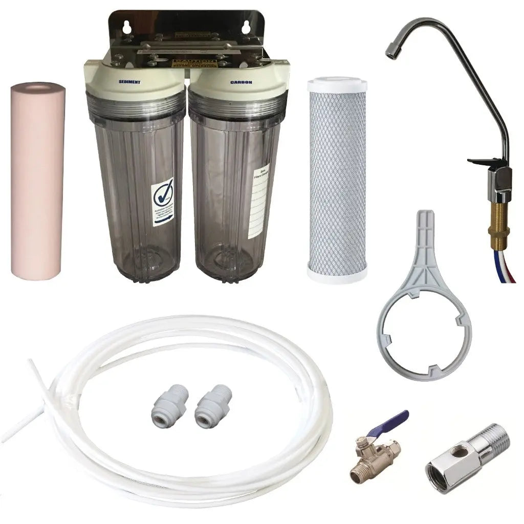 Clear housing under sink water filter vented faucet