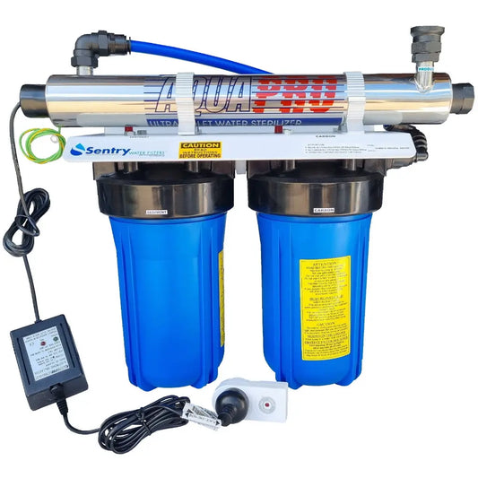 Small house tank water UV system with white bracket and non Watermark housings