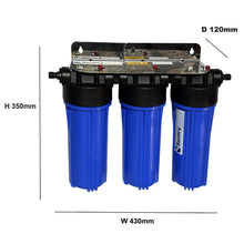Load image into Gallery viewer, Caravan RV Mobile Home Triple Filter CVL Camping Water Filter dimensions. Height 350mm width 430mm depth 120mm Sentry Water Filters