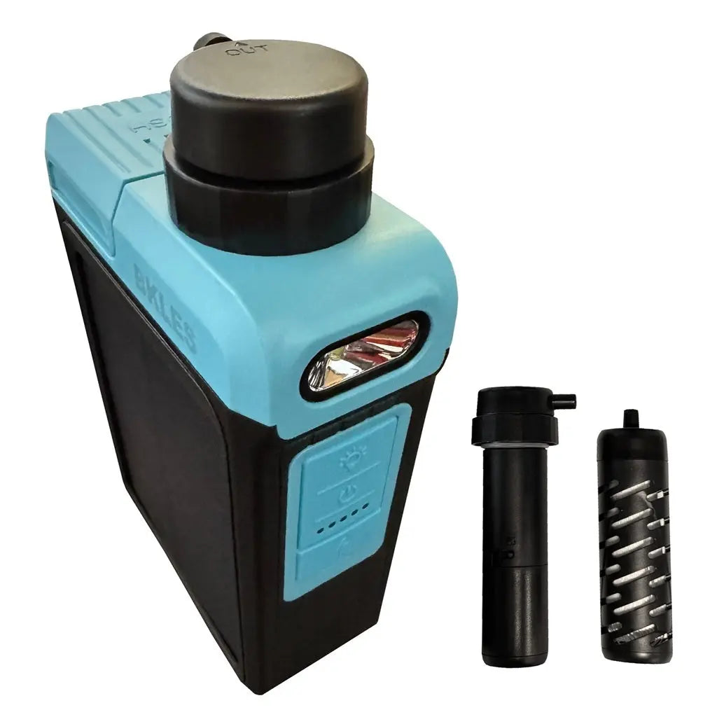 2nd generation Electric portable drinking filter for outdoor hiking, camping, river, creek, dam water. Manual pump with solar charging and flashlight with one set of replacement filters. Sentry Water Filters