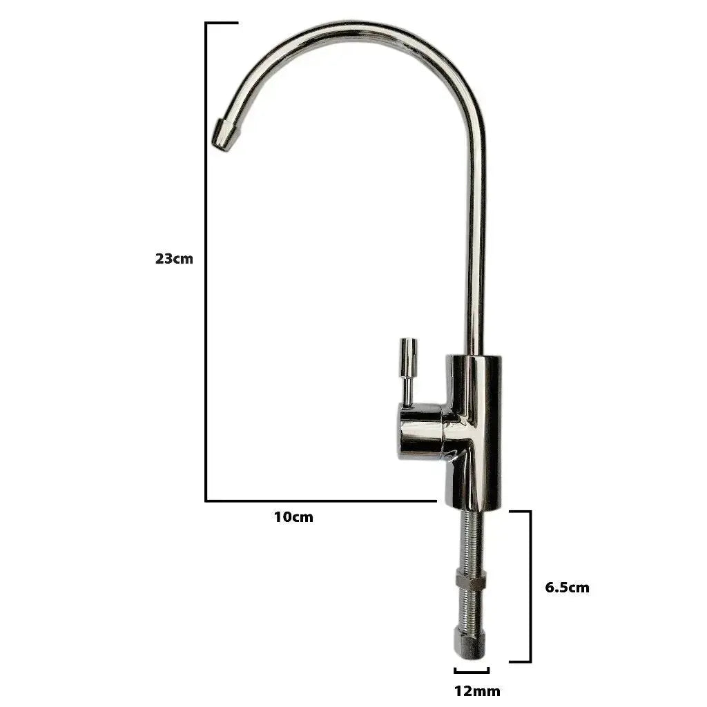 deluxe modern small chrome faucet with dimensions 23cm height (+ 6.5cm installation) and 10cm depth 