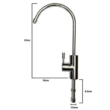 deluxe modern small chrome faucet with dimensions 23cm height (+ 6.5cm installation) and 10cm depth 