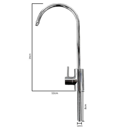 Modern standard chrome water filter faucet dimensions. 24cm height (8cm installment), 12cm in width.