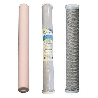 20"x2.5" BB Blue Slim Mains Town Water Filter Cartridges Medium Volume Option. 
First Filter: spun sediment
Second Filter: 5uM Matrikx CTO
Third Filter: 0.5uM Silver infused carbon block
Sentry Water Filters