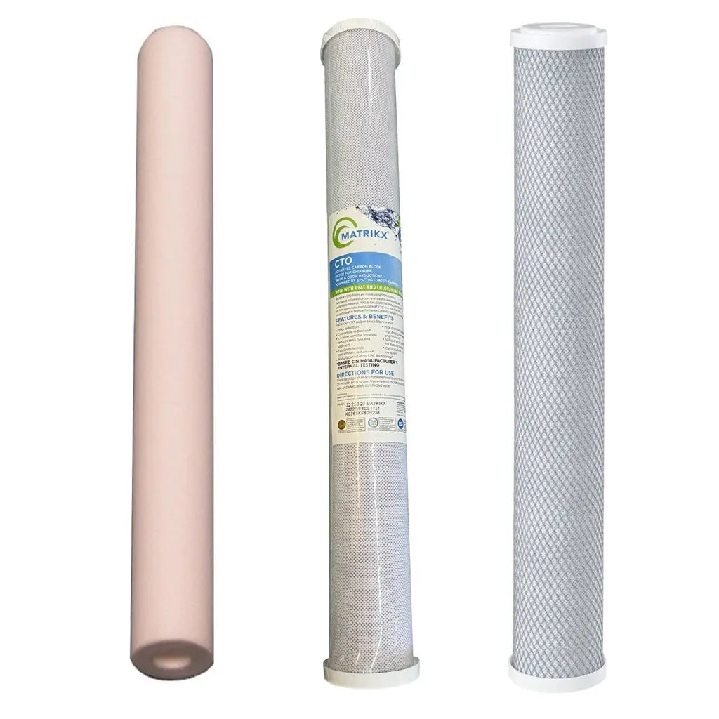 20"x2.5" BB Blue Slim Mains Town Water Filter Cartridges Medium Volume Option
First Filter: Spun Sediment
Second Filter: 5uM Matrikx CTO
Third Filter: Standard Carbon Block
 Sentry Water Filters