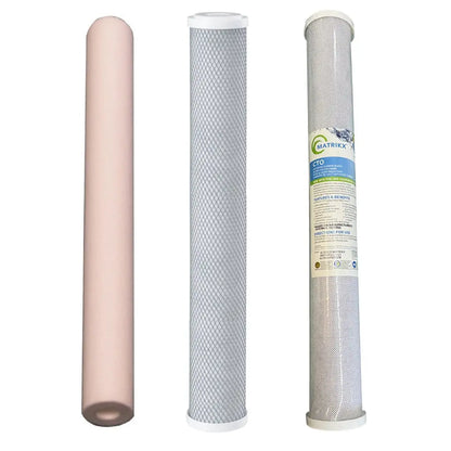20"x2.5" BB Blue Slim Mains Town Water Filter Cartridges Medium Volume Option
First Filter: Spun Sediment
Second Filter: Standard Carbon Block
Third Filter: 5uM Matrikx CTO
 Sentry Water Filters