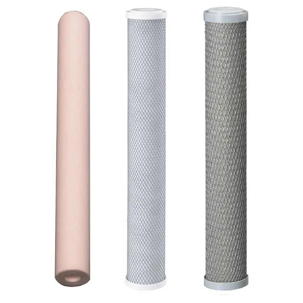 20"x2.5" BB Blue Slim Mains Town Water Filter Cartridges Standard Volume Option
First Filter: Spun Sediment
Second Filter: Standard Carbon Block
Third Filter: 0.5uM Silver Infused Carbon Block
 Sentry Water Filters
