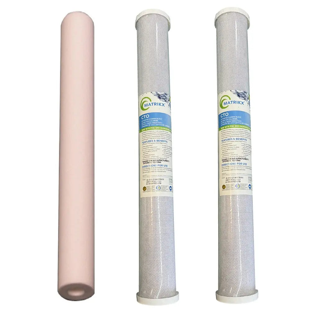 20"x2.5" BB Blue Slim Mains Town Water Filter Cartridges High Volume Option
First Filter: Spun Sediment
Second Filter: 5uM Matrikx CTO
Third Filter: 5uM Matrikx CTO
 Sentry Water Filters