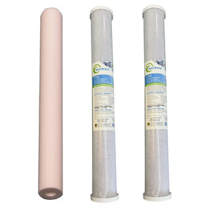 20"x2.5" BB Blue Slim Mains Town Water Filter Cartridges High Volume Option
First Filter: Spun Sediment
Second Filter: 5uM Matrikx CTO
Third Filter: 5uM Matrikx CTO
 Sentry Water Filters