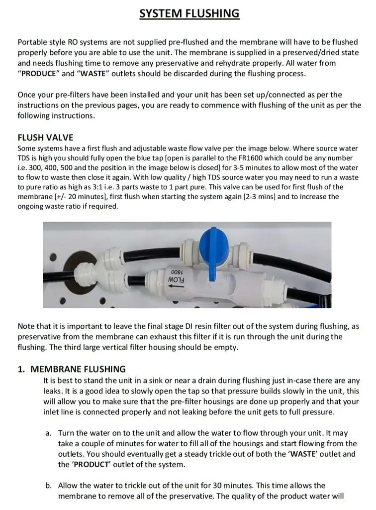 Reverse Osmosis Quick-Fit Manual First Flush RO Waste Restriction Valve instruction sheet Sentry Water Filters