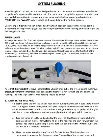 Reverse Osmosis Quick-Fit Manual First Flush RO Waste Restriction Valve instruction sheet Sentry Water Filters