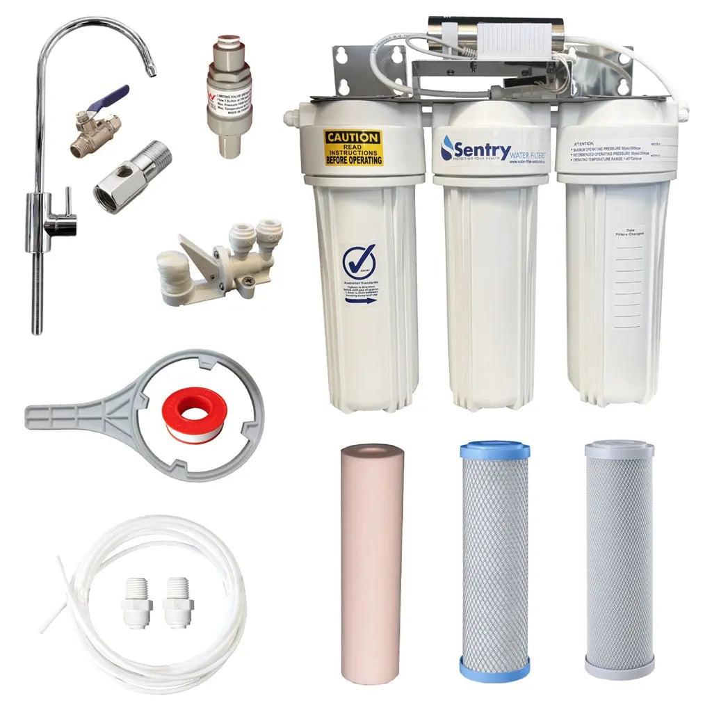 10"x2.5" Triple LED UV system complete install kit non watermark housings antibacterial tank water spun sediment,  heavy metals reducing and silver infused carbon block filter