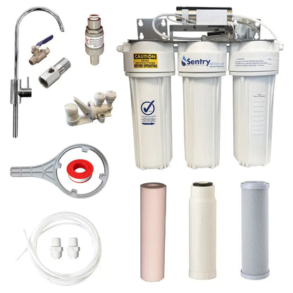 10"x2.5" Triple LED UV system complete install kit non watermark housings antibacterial tank water spun sediment, hollow fibre, and silver infused carbon block filter