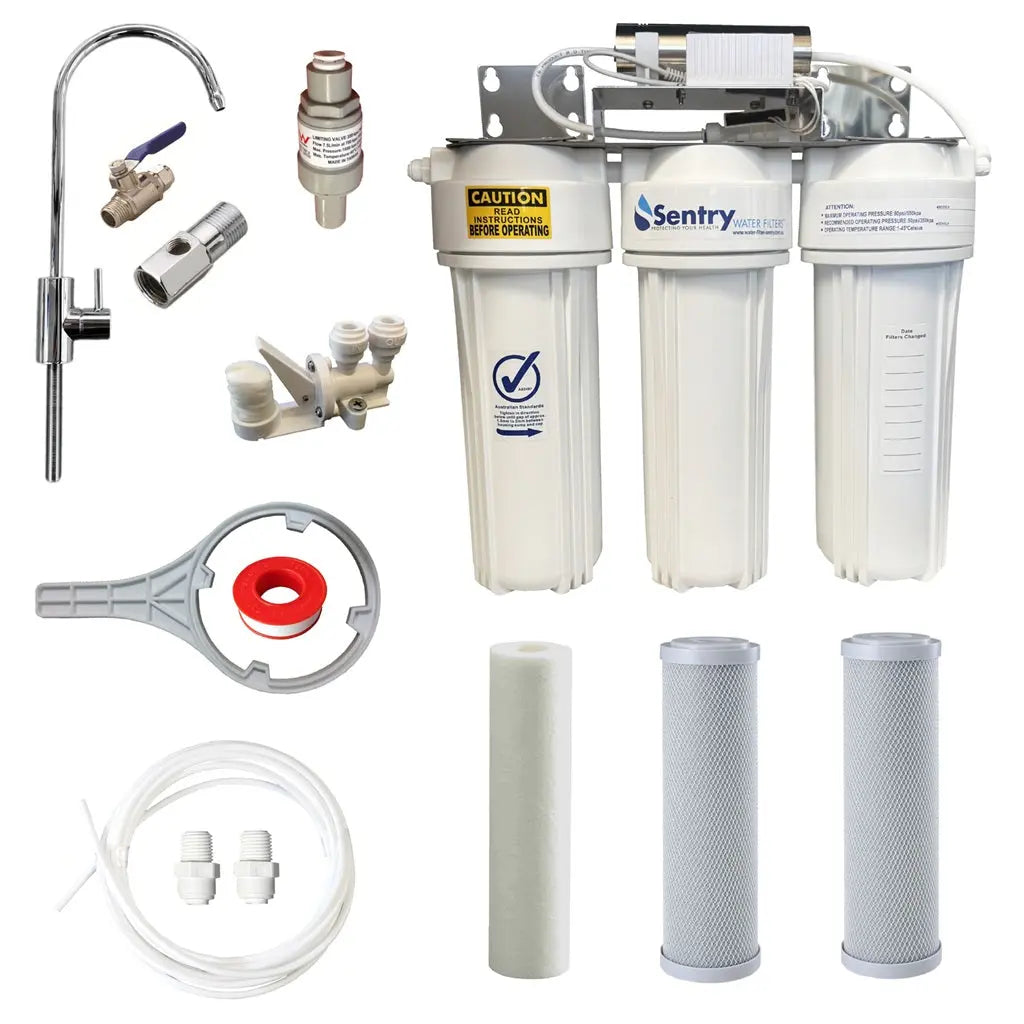 10"x2.5" Triple LED UV system complete install kit non watermark housings antibacterial tank water zinc infused sediment, and two silver infused carbon block filters